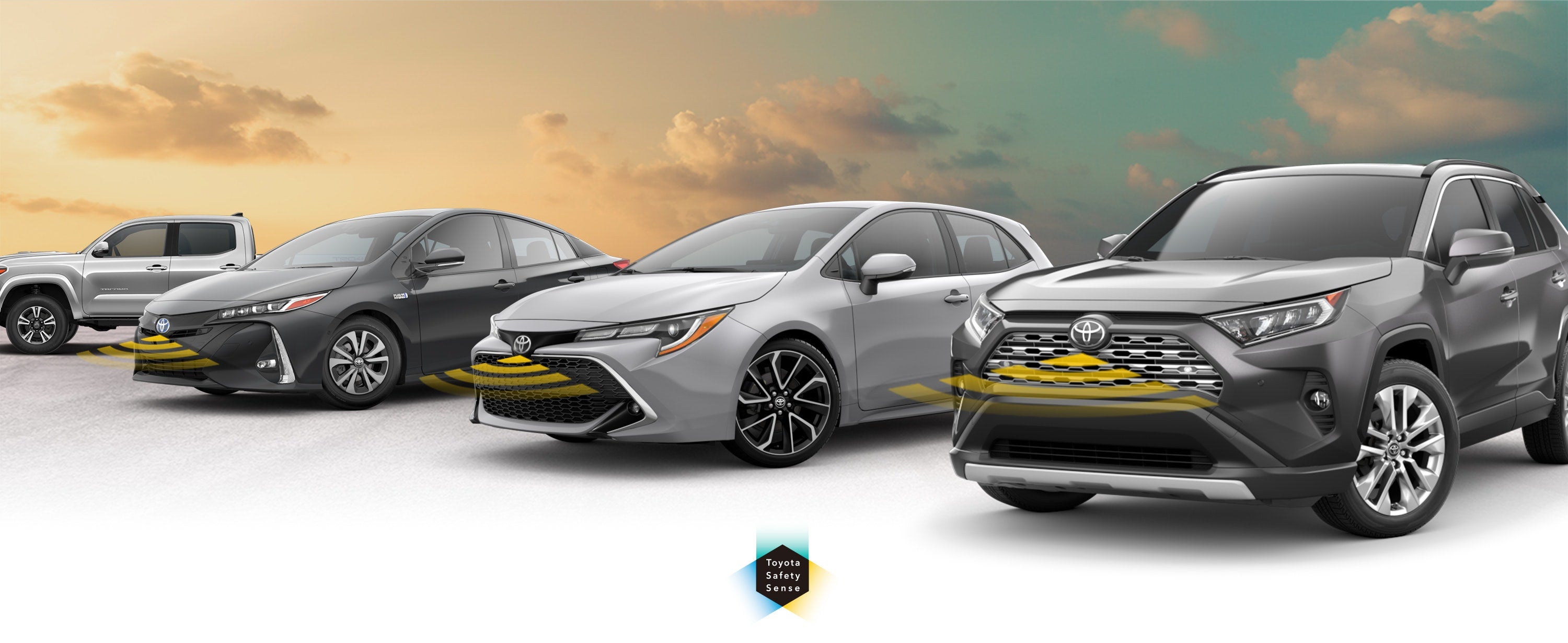 Toyota Safety Sense: Designed for Safety. Options shown on Toyota models including RAV4, Tacoma, and Camry, available now at Lithia Toyota of Odessa in Odessa TX.